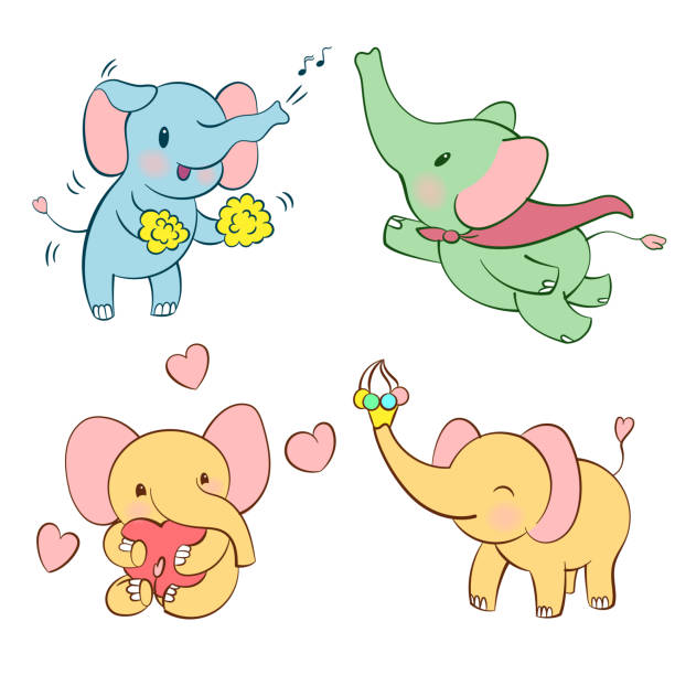 Emotional sticker set with cute elefant in different colors. Kawaii style. Cartoon emoji sticker with elephants in different moods. Vector illustration. Emotional sticker set with cute elephant in different colors. Kawaii style. Cartoon emoji sticker with elephant in different moods. Vector. elefant stock illustrations
