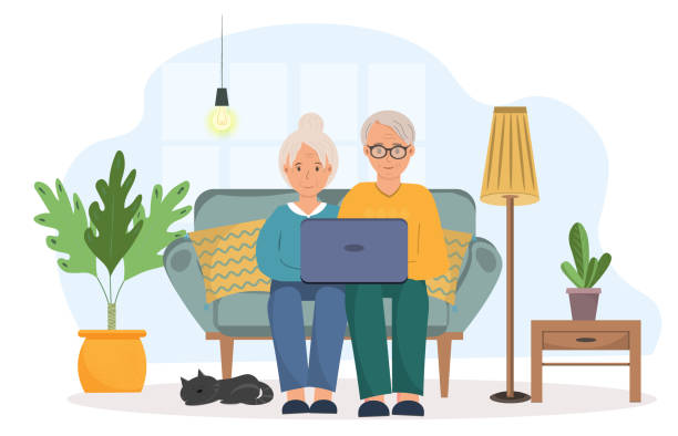 senior couple chatting wiyh their family by online video call, stay home concepts, flat vector illustration - 銀髮族網民 幅插畫檔、美工圖案、卡通及圖標