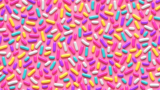 Seamless pattern with many decorative colorful sprinkles on pink background. 3d rendering