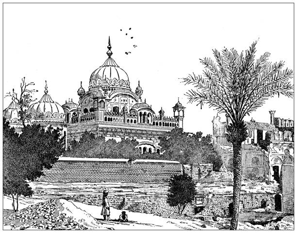 antique illustration: samadhi of ranjit singh, lahore, pakistan - havra illüstrasyonlar stock illustrations