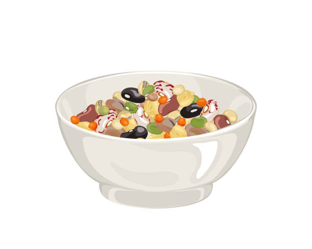 Beans in bowl isolated on white. Vector illustration different beans and legumes. Organic healthy food in cartoon flat style. Beans in bowl isolated on white. Vector illustration different beans and legumes. Organic healthy food in cartoon flat style. legume stock illustrations