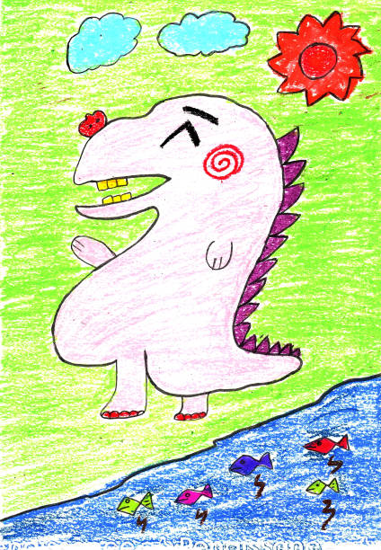 istock Hand drawing with chalk color of Happy Dinosaur 1355491902