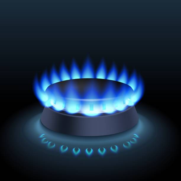 Gas burner with fire on a dark background Natural clean gas, blue fuel. Flame from the burner on a dark background. Side view. 3d realistic vector. sold out transparent stock illustrations