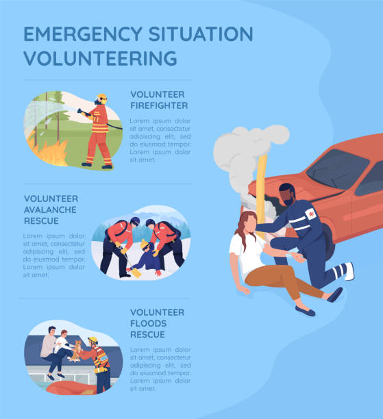 Emergency situation volunteering flat vector brochure template Emergency situation volunteering flat vector brochure template. Flyer, booklet, printable leaflet design with flat illustrations. Magazine page, cartoon reports, infographic posters with text space emergency response stock illustrations