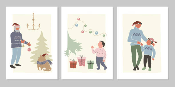 abstrakcyjny zimowy zestaw świątecznych i noworocznych kartek z życzeniami świątecznymi z rodziną, dziećmi, choinką. - christmas tree family winter art stock illustrations