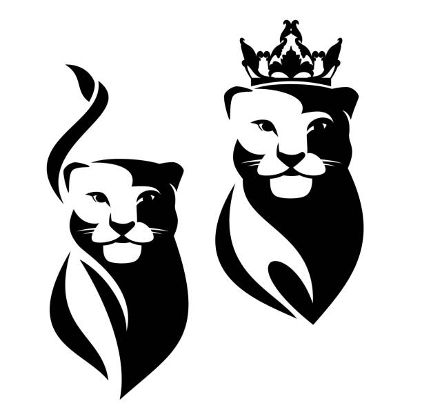 queen lioness wearing royal crown black and white vector head portrait design - dişi aslan stock illustrations