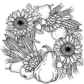 istock Autumn harvest for thanksgiving day. Vector coloring page for adult. Black and white wreath made with leaves, sunflower, corn, apple, pear, ears of wheat and pumpkin 1355500792