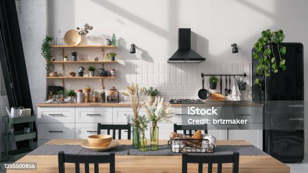 Modern Kitchen Interior Design With Table And Decor Stockfoto en meer beelden van Keuken