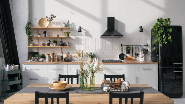 modern kitchen interior design with table and decor - cozinha imagens e fotografias de stock
