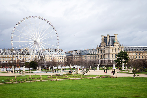 Paris, France, 22 December 2019 - View of the Ferris wheel installed in the Tuileries Garden during the Christmas holidays