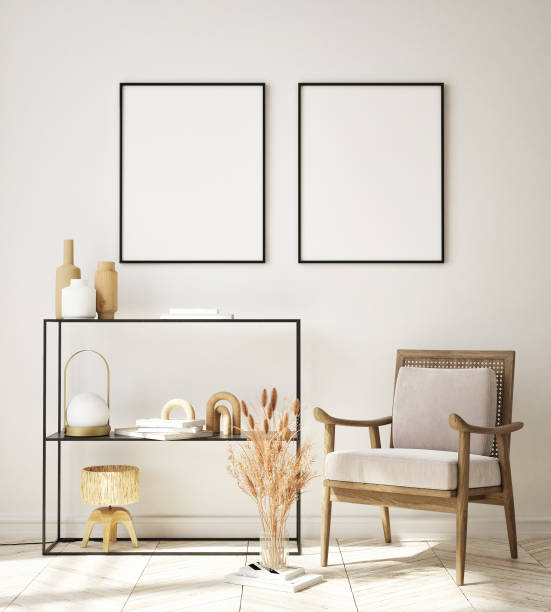 istock mock up poster frame in modern interior background, living room, Scandinavian style, 3D render, 3D illustration 1355503091