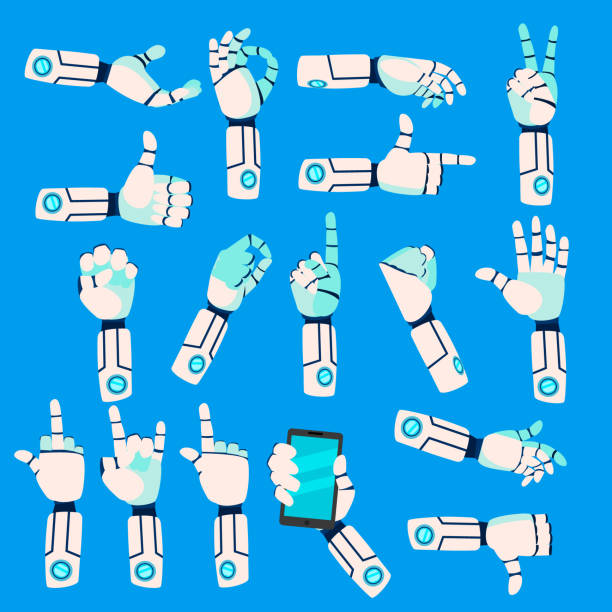 Robot hands set in different positions isolated on blue  background. Robotic arm holding mobile phone and other gestures vector art illustration