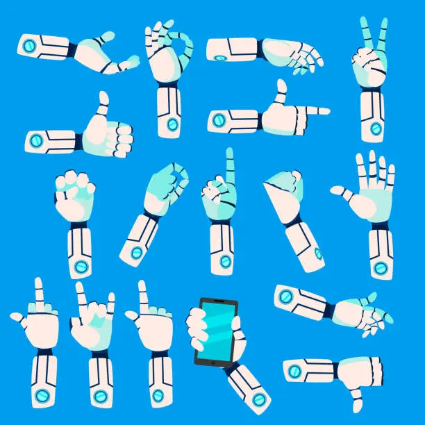 Vector illustration of Robot hands set in different positions isolated on blue  background. Robotic arm holding mobile phone and other gestures