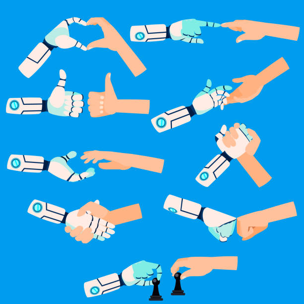 Robot and Human Hands Touching icons set. Virtual Reality or Artificial Intelligence Technology. Vector illustration vector art illustration