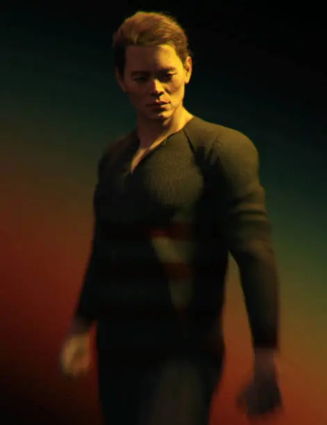 Shadowy portrait of an athletic asian man in grey sweater. 3D rendering.