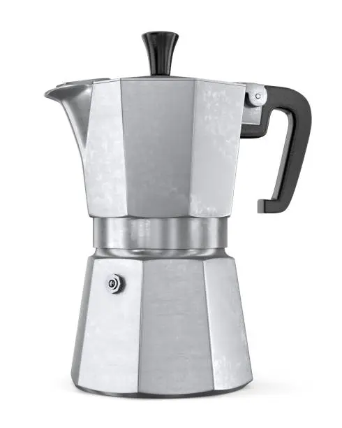 Moka coffee pot. Metal italian espresso maker isolated on white background. 3D illustration