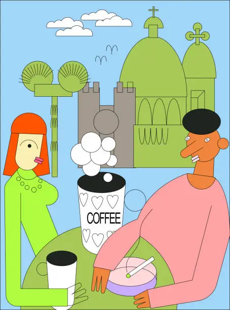 Vector illustration of couple drink coffee in lisbon illustration