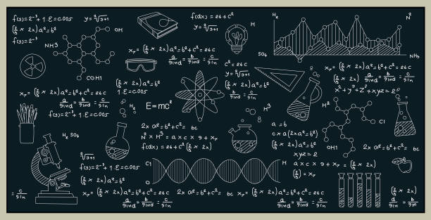 ilustraciones, imágenes clip art, dibujos animados e iconos de stock de fórmula de ciencias químicas. - mathematics mathematical symbol blackboard formula