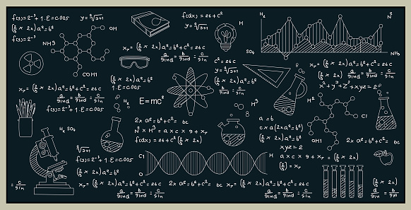 Chemistry science formulas with images of tools and experimental equipment on a blackboard.