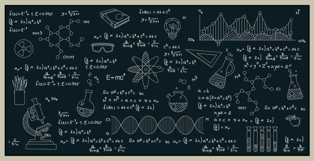 Chemistry Science Formula. Chemistry science formulas with images of tools and experimental equipment on a blackboard. chemistry stock illustrations