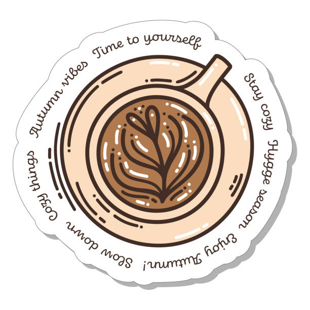 istock Colorful hand-drawn autumn mood sticker with a cup of coffee and lettering 1355506036