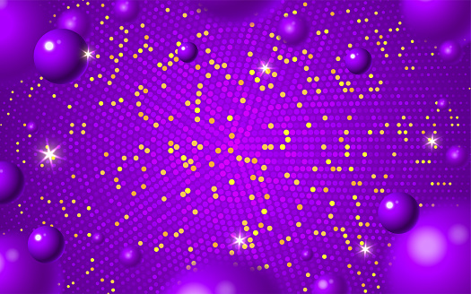 Abstract violet background. Purple 3d blurry balls shape with golden glitter dots. Party time bright gold sparkles lights poster template, website web page backdrop, flyer banner, greeting card