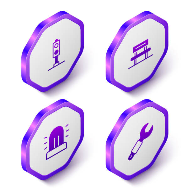 ilustrações de stock, clip art, desenhos animados e ícones de set isometric train traffic light, waiting hall, flasher siren and wrench spanner icon. purple hexagon button. vector - travel healthcare and medicine emergency services urgency