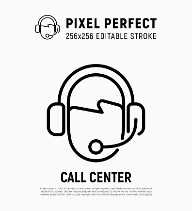 Faceless operator of call center in headset thin line icon.  Holine, helpline. Pixel perfect, editable stroke. Vector illustration.