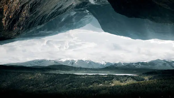 Upside down worlds, mountains and gorge. Abstract footage.