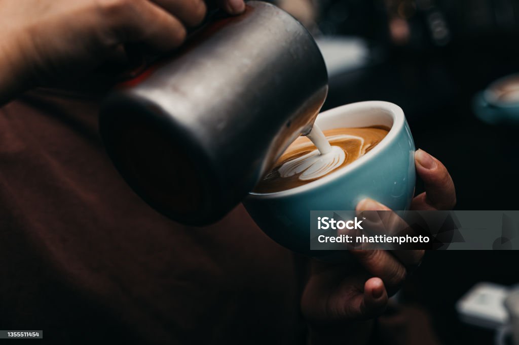 Barista Pouring Latte Art Photography Coffee - Drink Stock Photo