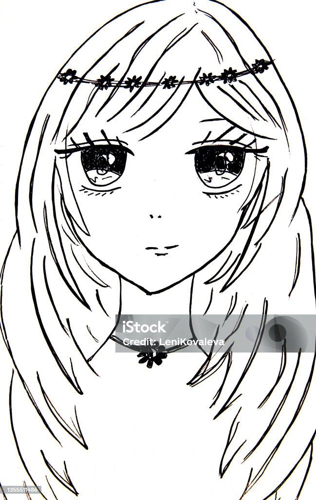 Portrait Of A Girl In Anime Style Sketch With Black Marker Stock  Illustration - Download Image Now - iStock