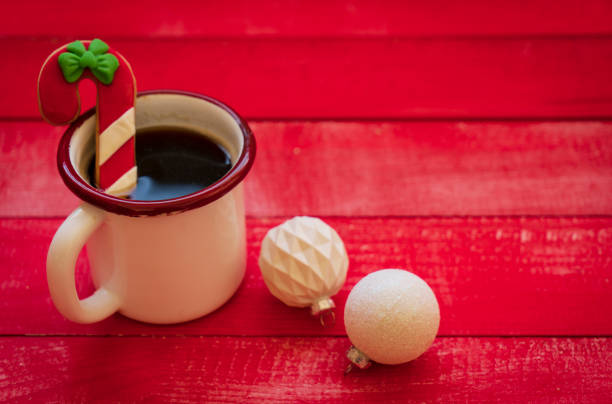 Christmas or New Year composition with coffee, gingerbread cookies and Christmas decorations