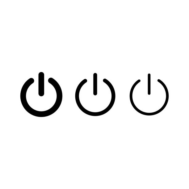 значок контура вкл-офф. набор кнопок питания при запуске. черный знак выключения на белом фоне. модный плоский символ, используемый для: илл� - on / off button stock illustrations