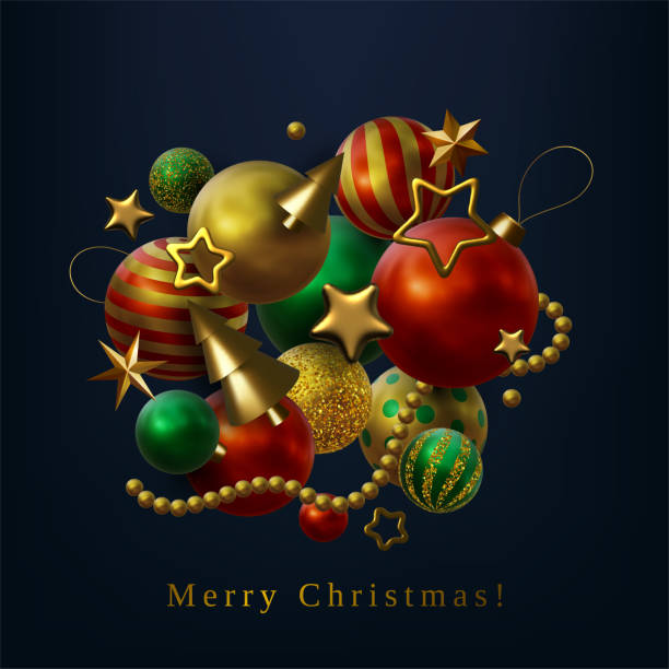 istock Abstract Christmas 3D vector illustration with different golden stars, Christmas trees and balls. 1355515430