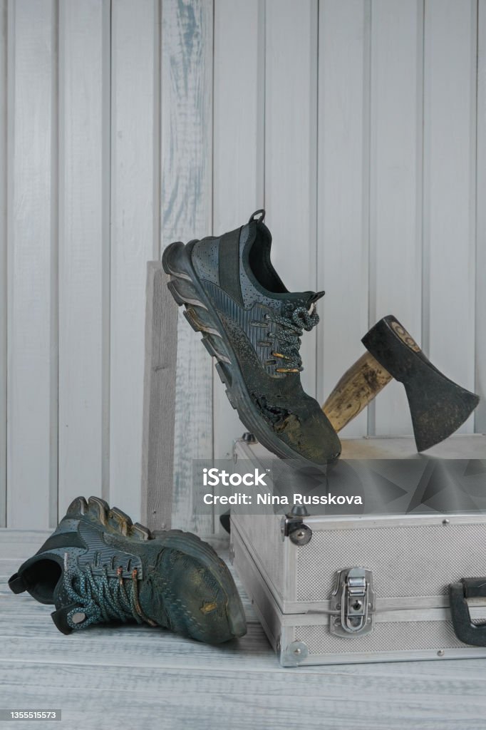 Old Dirty Torn Work Bootsworn To Holestimber And Steel Tool Box On Backgroundaxe With Wooden Handleconcept Of Heavy Manual Labordurable Work Shoes Demandvertical Monochrome Closeup Stock Photo Download Image Now -