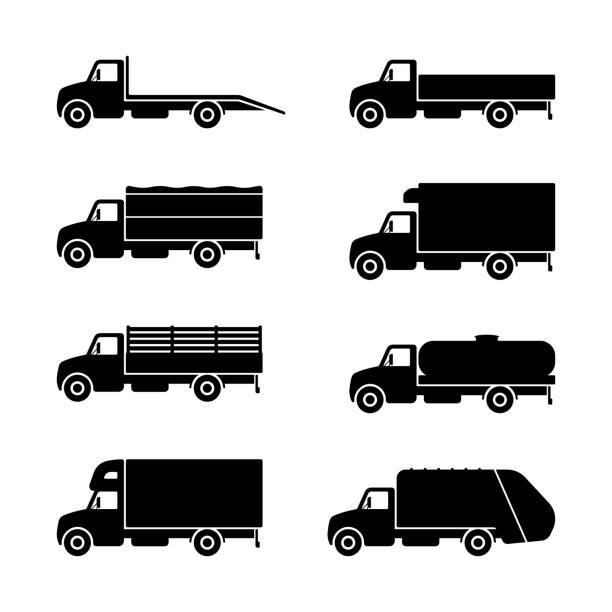 ilustrações de stock, clip art, desenhos animados e ícones de truck icon set. black silhouette. front view. vector simple flat graphic illustration. the isolated object on a white background. isolate. - tow truck heavy truck delivering