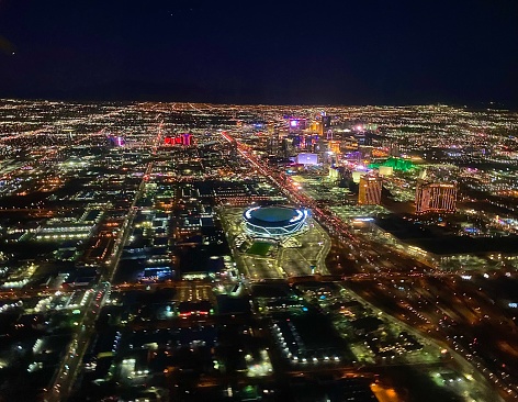 Aerial shot of Las Vegas, Nevada at night. Authorization was obtained from the FAA for this operation in restricted airspace.