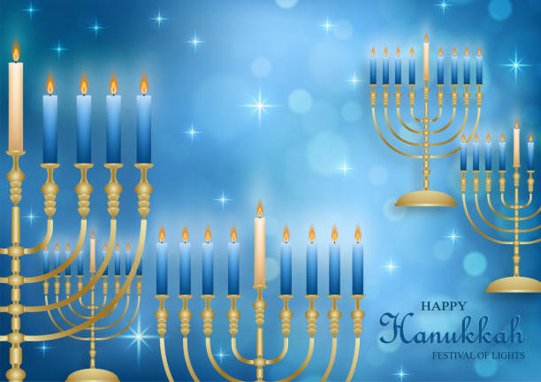 istock Happy Hanukkah card with nice and creative symbols and gold paper cut style on color background for Hanukkah Jewish holiday (translation : happy Hanukkah day, Hag HaHanukka) 1355521114