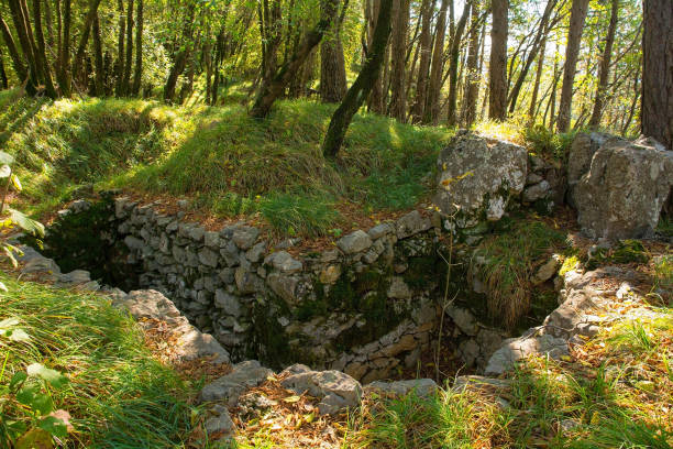 제1차 세계대전 참호 스카브리젤 산, 슬로베니아 - world war i battlefield nobody outdoors 뉴스 사진 이미지