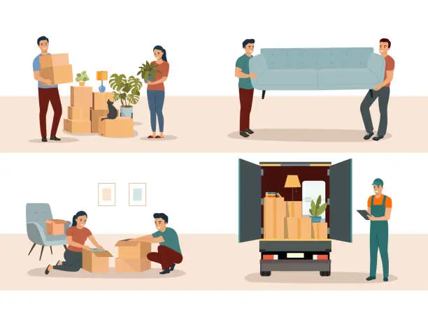 Vector illustration of Set of people moving. Transportation service. Vector cartoon flat style illustration