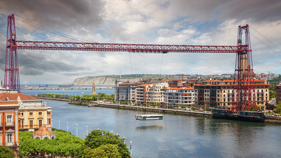 Vizcaya Bridge, links the towns of Portugalete and Getxo, crossing the mouth of the Nervion river, Basque Country, Vizcaya, Spain