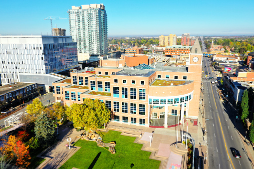 An aerial of Brampton City Hall in Ontario, Canada. Opened in 1991, it house the cities various departments