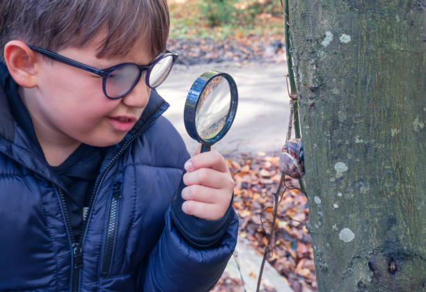istock A little Caucasian boy examines a snail  with a magnifying glass 1355527462