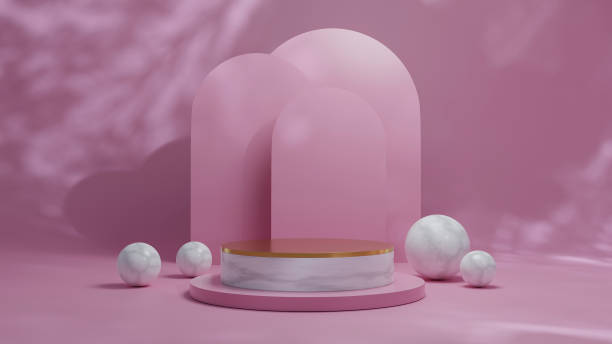 istock Mockup Modern minimal marble podium with blur pink background abstract architectural shapes scene for display product presentation or showcase 3d rendering 1355529671