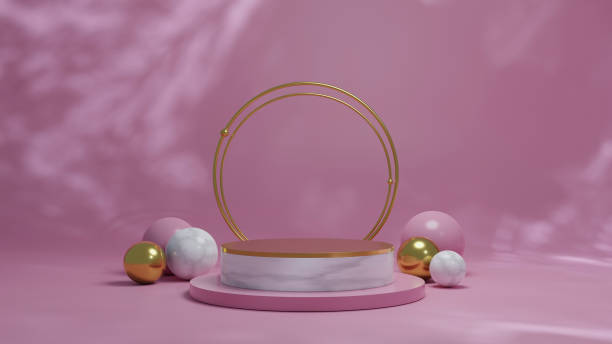istock Mockup Modern minimal marble podium with blur pink background abstract architectural shapes scene for display product presentation or showcase 3d rendering 1355529675