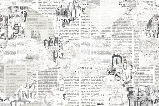 Newspaper paper grunge aged newsprint pattern background. Vintage old newspapers template texture. Unreadable news horizontal page with place for text, images. Grey colored art collage.