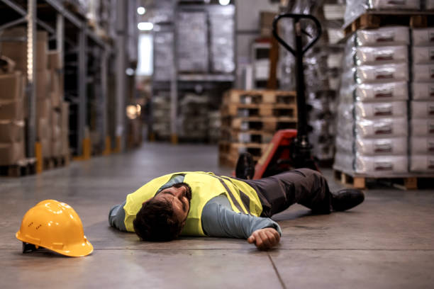 istock Warehouse Worker Lying Unconscious on the Concrete 1355532456