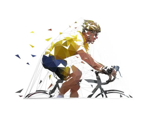 Vector illustration of Cycling, low polygonal road cyclist in yellow jersey, side view. isolated vector geometric illustration