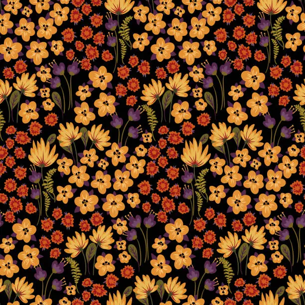 Vector illustration of Seamless pattern with flower meadow in autumn colors. Old-fashioned floral arrangement with various small flowers and leaves. Vector botanical print.