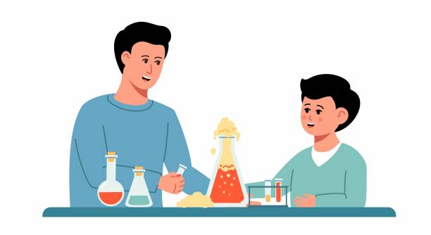 ilustrações, clipart, desenhos animados e ícones de pai e filho de desenho animado fazendo experimento de química em vidros de laboratório em casa - professor scientist chemistry teacher